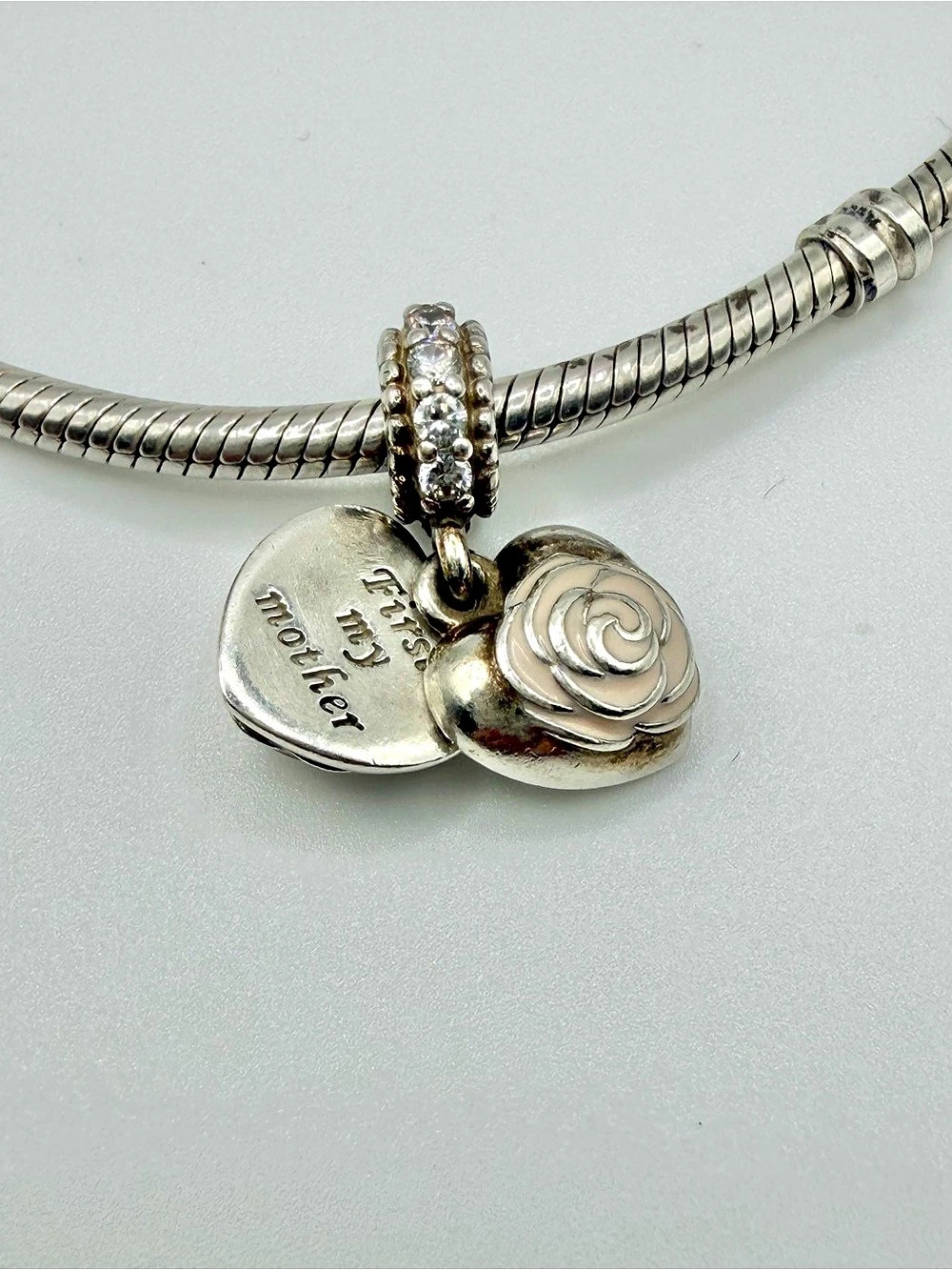 Pandora 791528EN40 Mother’s Rose Dangle Charm Pink Enamel Retired S925 ALE C023
